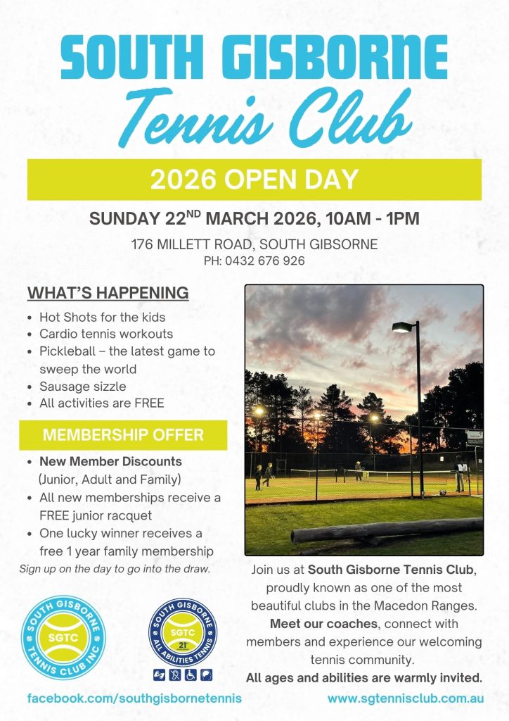 South Gisborne Tennis Club Open Day flyer showing free tennis activities on 22 March 2026.